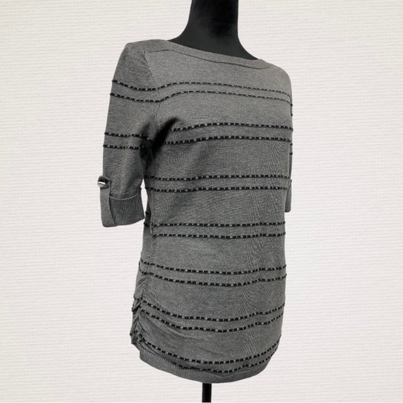 Apt. 9 Ruched lace Knit Career Top
Sweater mid sleeve gray black stripes Small - Picture 6 of 8